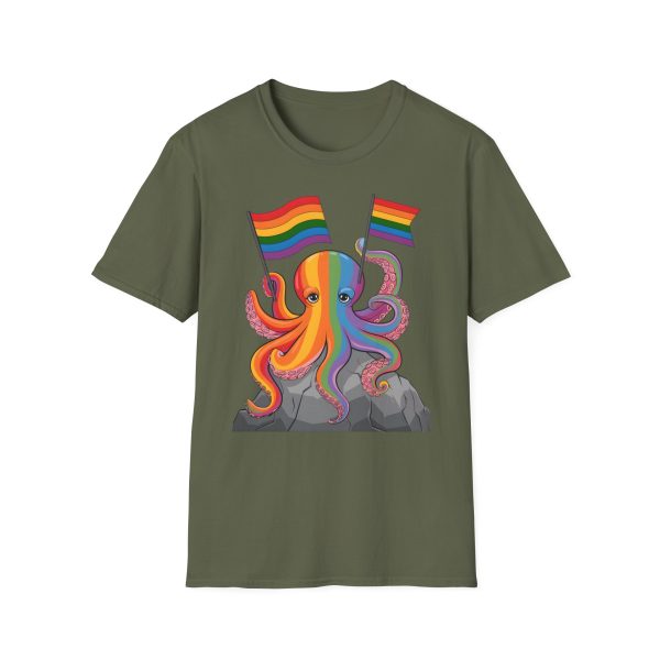 Tshirt LGBTQ+ pieuvre tenant un drapeau arc-en-ciel sur un rocher design vibrant et stylé pour sensibilisation et inclusion LGBTQ+ t-shirt - Image 61