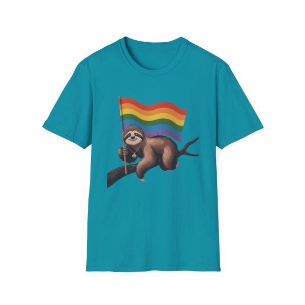 Tshirt Drapeau LGBT paresseux tenant un drapeau arc-en-ciel sur une branche design amusant et coloré pour sensibilisation LGBTQ+ t-shirt - Image 97