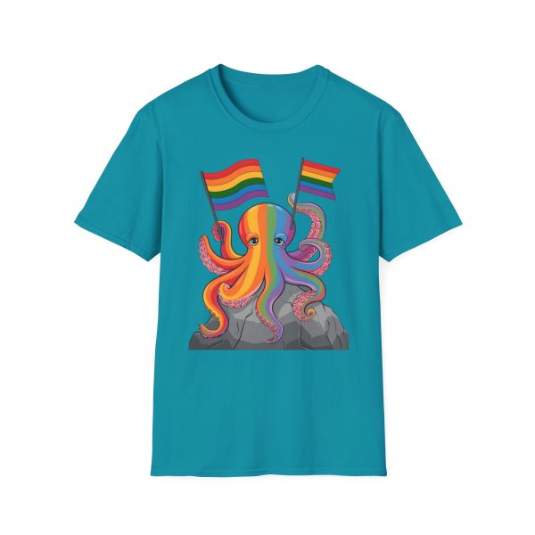 Tshirt LGBTQ+ pieuvre tenant un drapeau arc-en-ciel sur un rocher design vibrant et stylé pour sensibilisation et inclusion LGBTQ+ t-shirt - Image 97