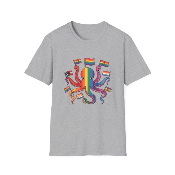 Tshirt Drapeau LGBT pieuvre tenant un drapeau arc-en-ciel et d'autres drapeaux design coloré et amusant pour célébrer LGBTQ+ shirt t-shirt - Image 25