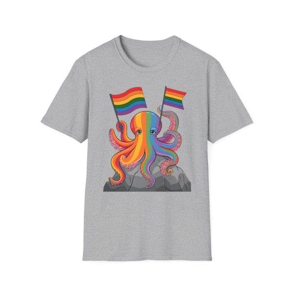 Tshirt LGBTQ+ pieuvre tenant un drapeau arc-en-ciel sur un rocher design vibrant et stylé pour sensibilisation et inclusion LGBTQ+ t-shirt - Image 25