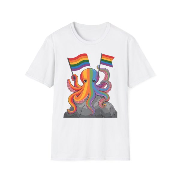 Tshirt LGBTQ+ pieuvre tenant un drapeau arc-en-ciel sur un rocher design vibrant et stylé pour sensibilisation et inclusion LGBTQ+ t-shirt - Image 13