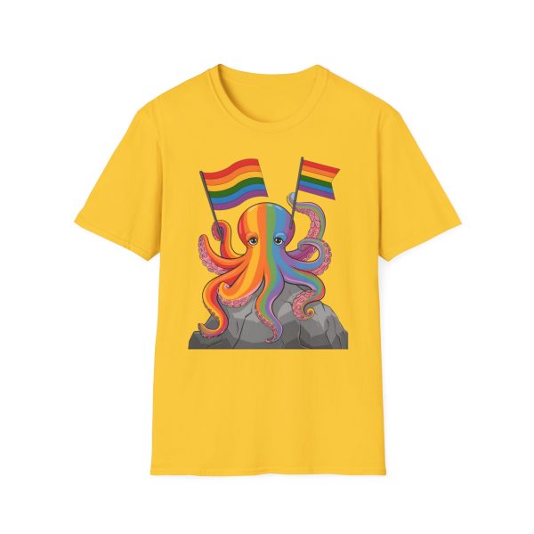 Tshirt LGBTQ+ pieuvre tenant un drapeau arc-en-ciel sur un rocher design vibrant et stylé pour sensibilisation et inclusion LGBTQ+ t-shirt - Image 49