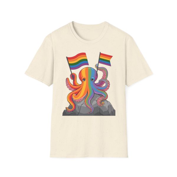 Tshirt LGBTQ+ pieuvre tenant un drapeau arc-en-ciel sur un rocher design vibrant et stylé pour sensibilisation et inclusion LGBTQ+ t-shirt - Image 37