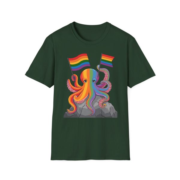 Tshirt LGBTQ+ pieuvre tenant un drapeau arc-en-ciel sur un rocher design vibrant et stylé pour sensibilisation et inclusion LGBTQ+ t-shirt - Image 73